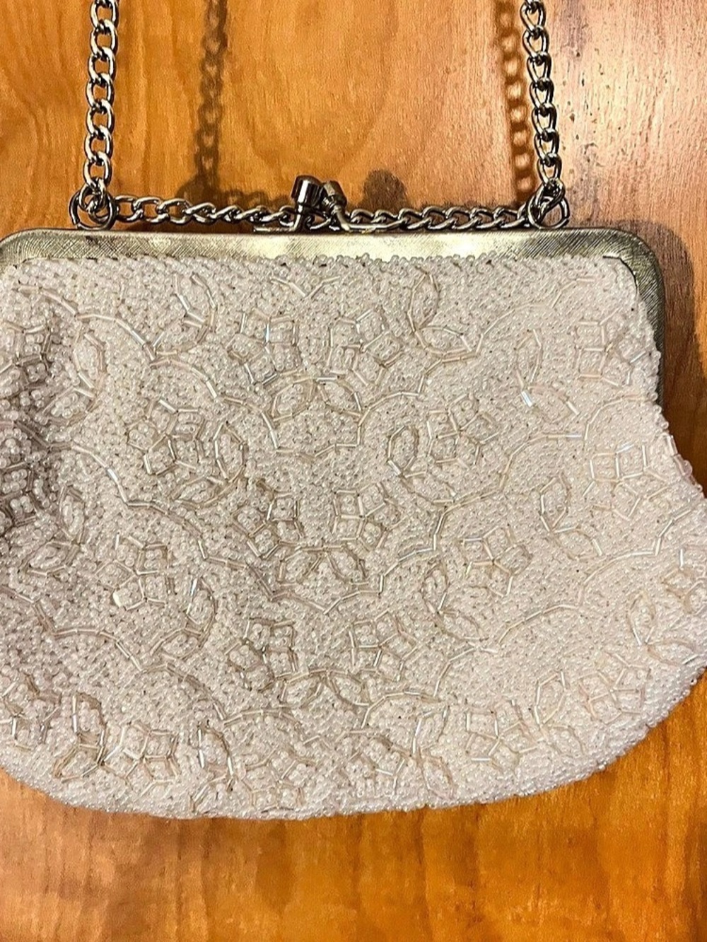 Vintage La Regale Beaded Ivory Evening Purse Bag Goldtone Handle Made Hong Kong